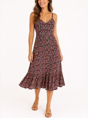 J Crew Floral Midi Dress V Neck Ruffle Hem Pockets Summer Size 00